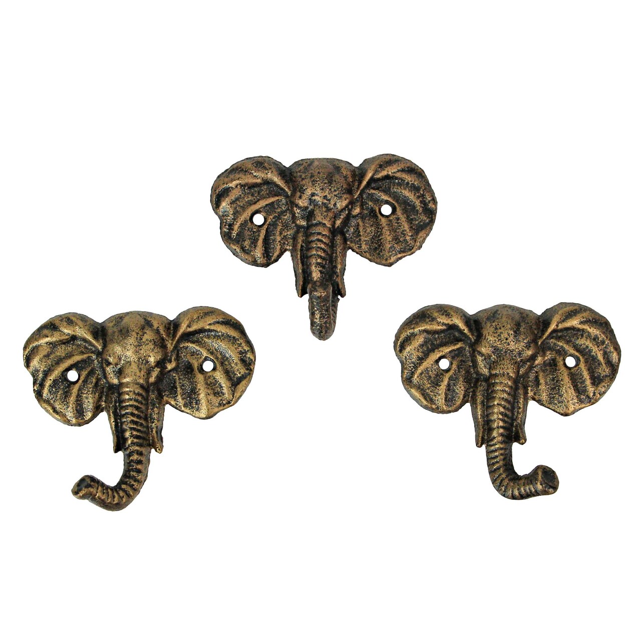 4 Inch Cast Iron Elephant Antique Gold Decorative Wall Hooks Coat Towel Set of 3